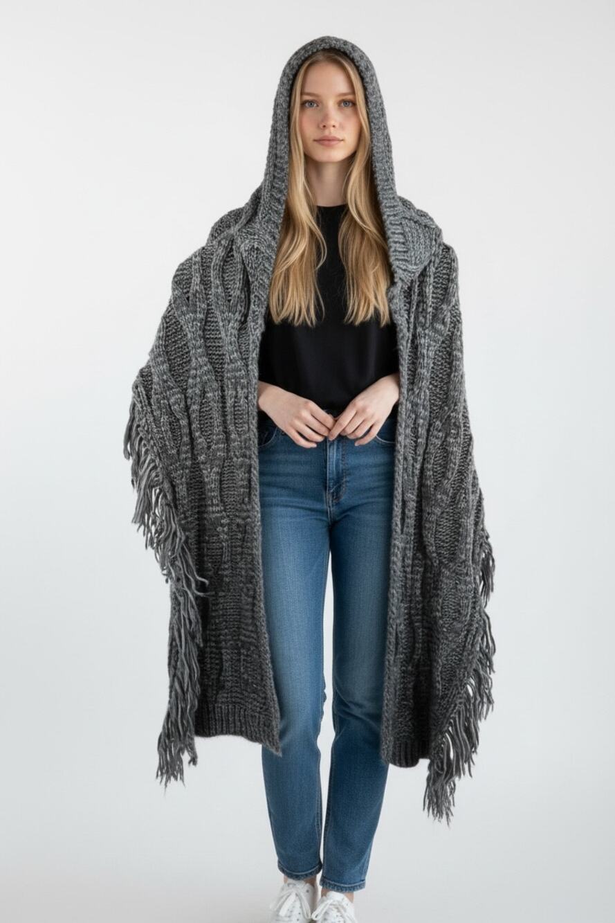 FREE PEOPLE Knit Scarf w/ Hoodie & Fringe Gray
